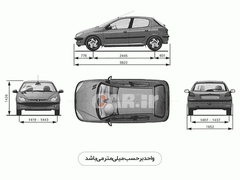 ابعاد پژو 206